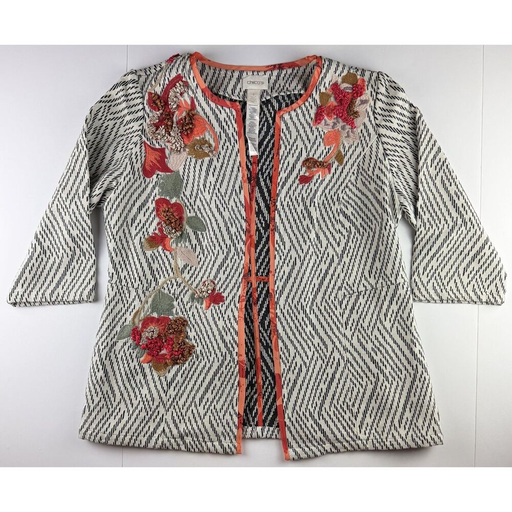 Chico's Embroidered Floral Open Front Jacket Ivory Boho Fairy Size 1 Medium